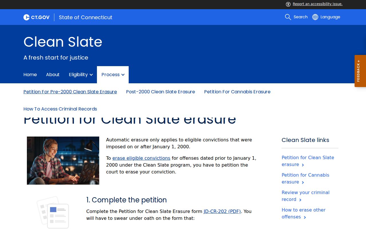Tolland County arrest record Clean Slate JD-CR-202 petition procedure