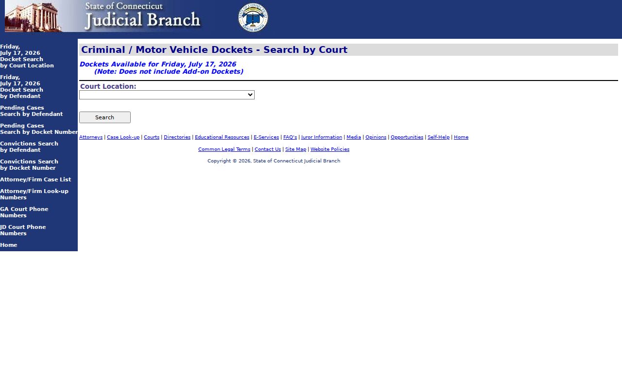Tolland County criminal court case daily docket search