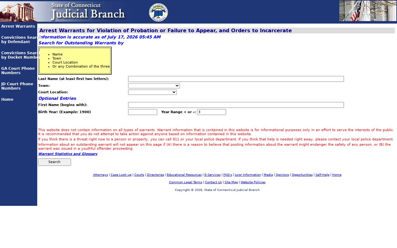 Tolland County criminal court case active warrant search notice