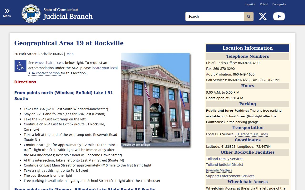Tolland County criminal court case courthouse at Rockville GA 19