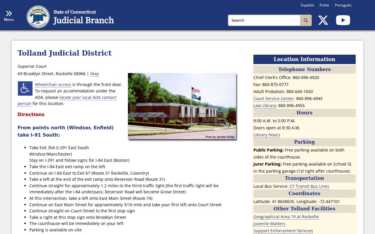 Tolland County criminal court case directory for Tolland Judicial District