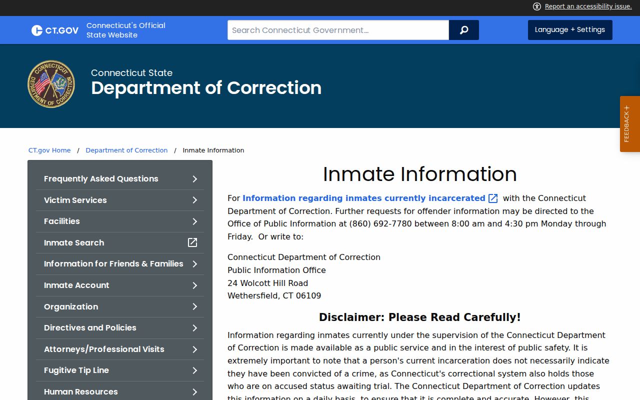 Tolland County criminal record CT DOC custody information guidance