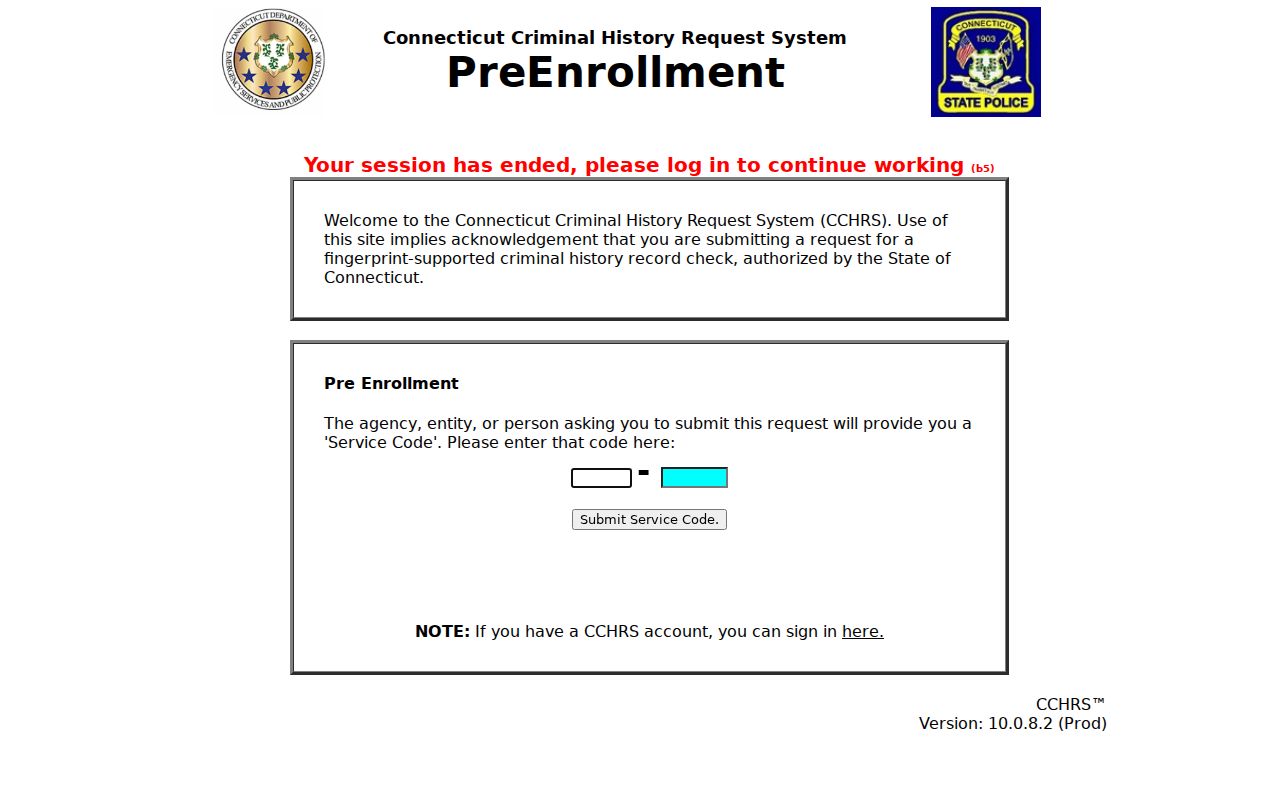 Tolland County criminal history CCHRS pre-enrollment portal