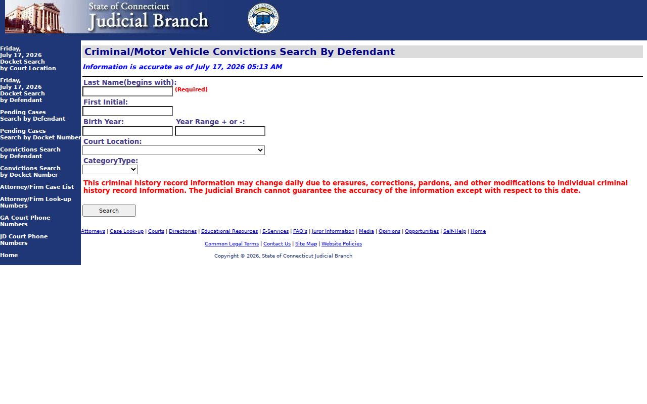 Tolland County criminal history conviction defendant search
