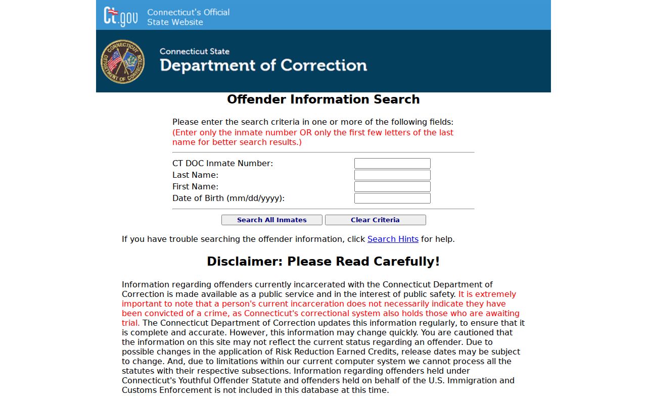 Tolland County criminal records CT DOC inmate search