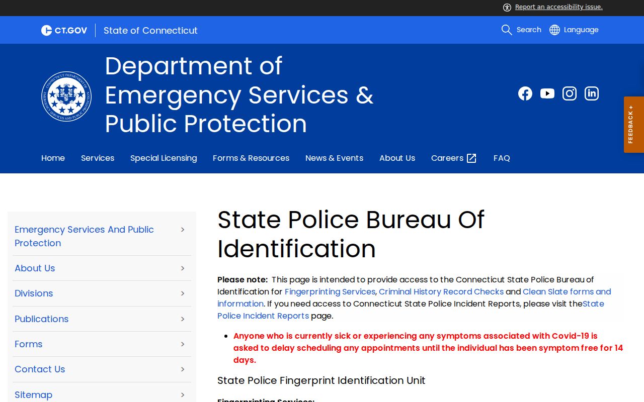 Tolland County criminal history official SPBI record resource