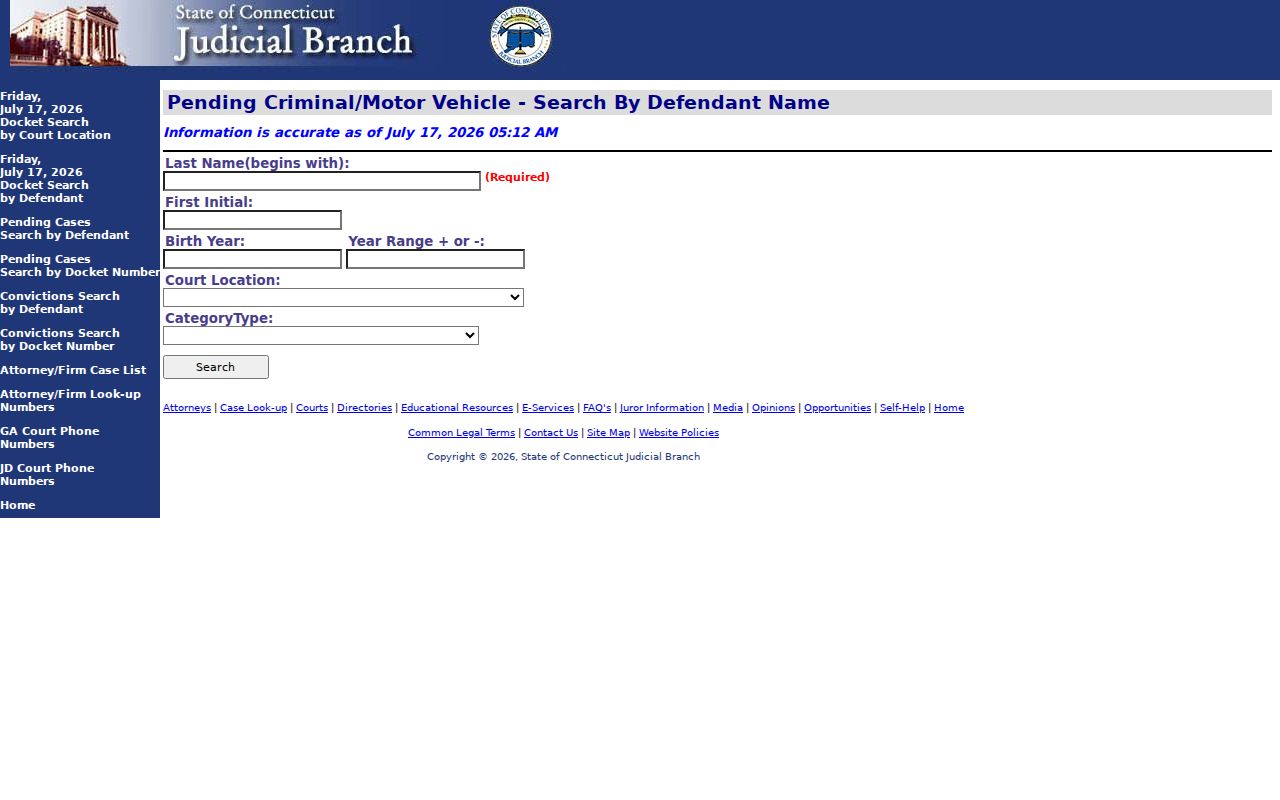 Tolland County criminal history pending case defendant search