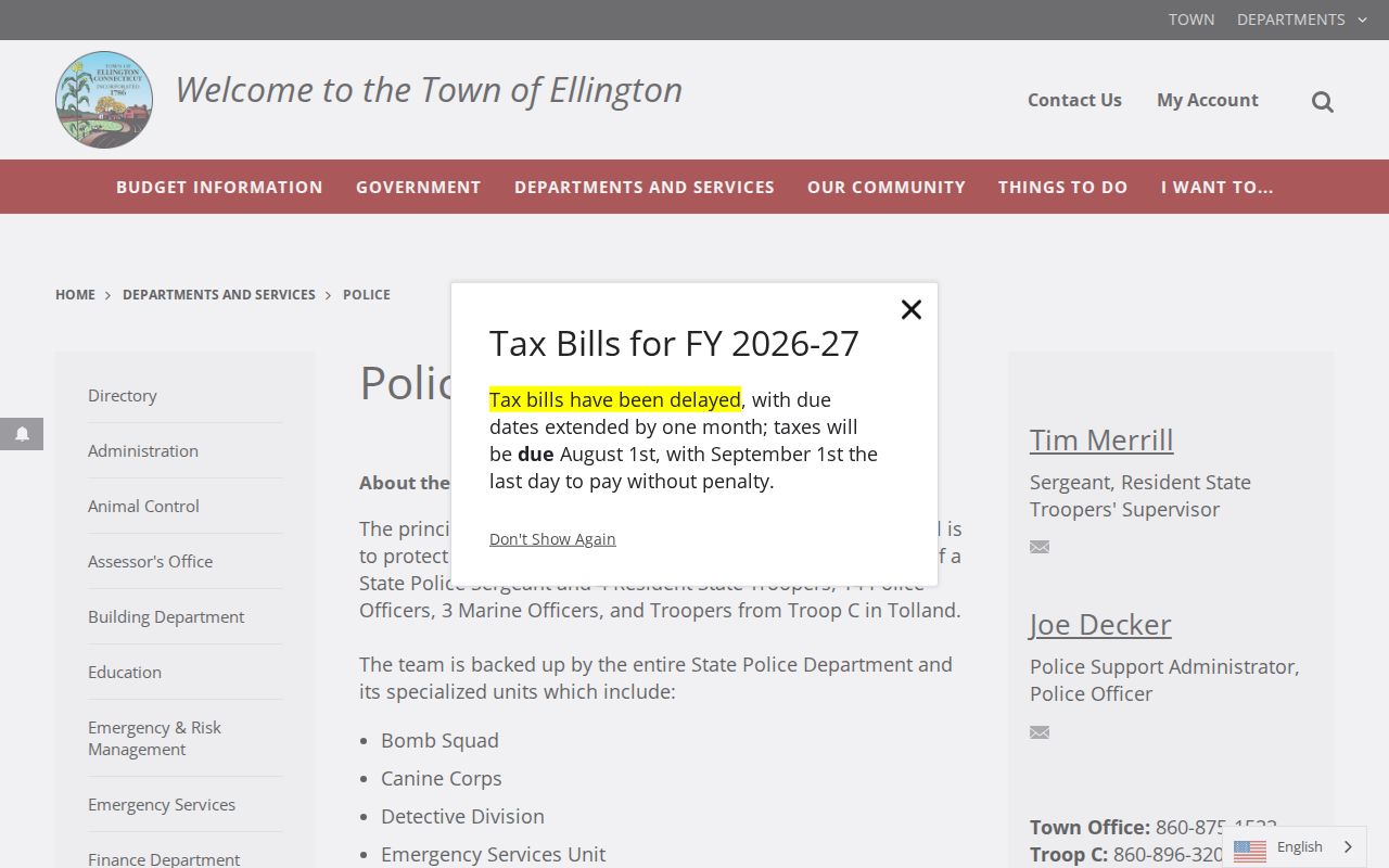 Ellington resident trooper police contacts and state record links